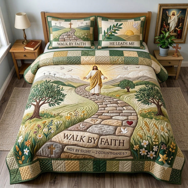 Walk By Faith Amazing Grace quilted bedding set, quilt and two pillow shams on a made bed