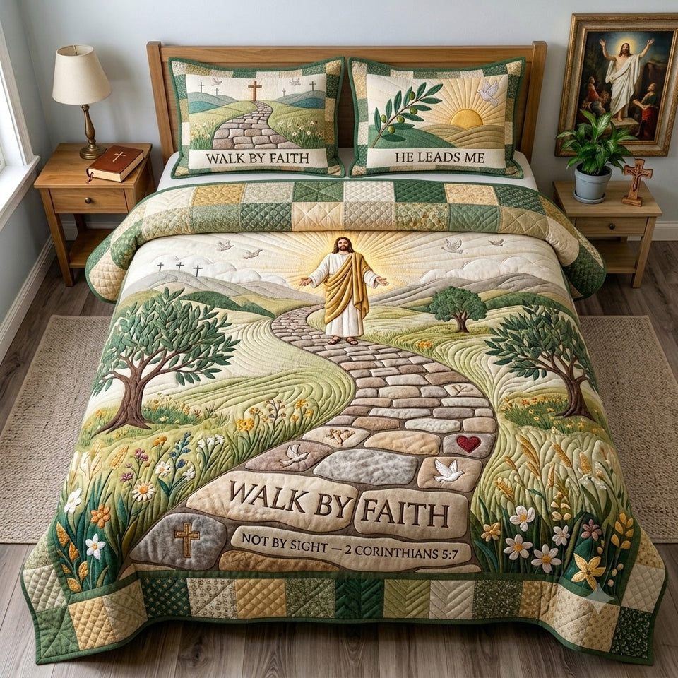 Walk By Faith Amazing Grace quilted bedding set, quilt and two pillow shams on a made bed