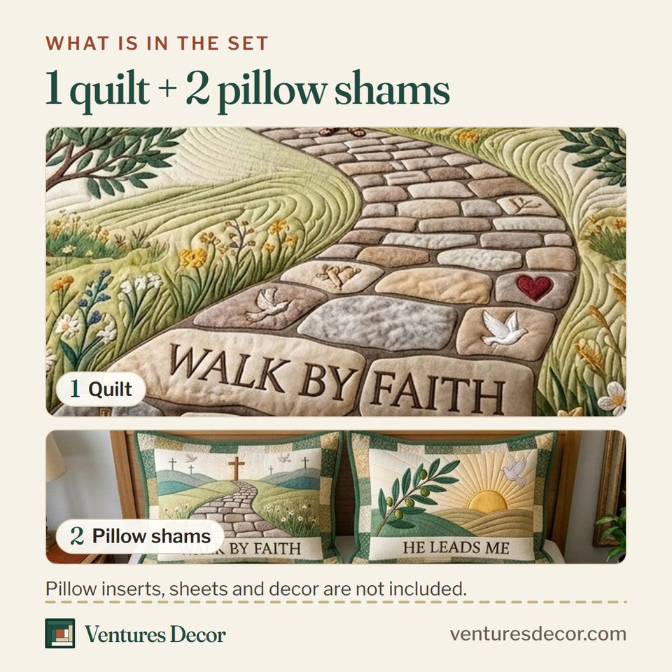 What is in the set: one quilt and two pillow shams, shown in the Walk By Faith Amazing Grace Quilt Set, 3-Piece Quilted Bedding with 2 Pillow Shams design