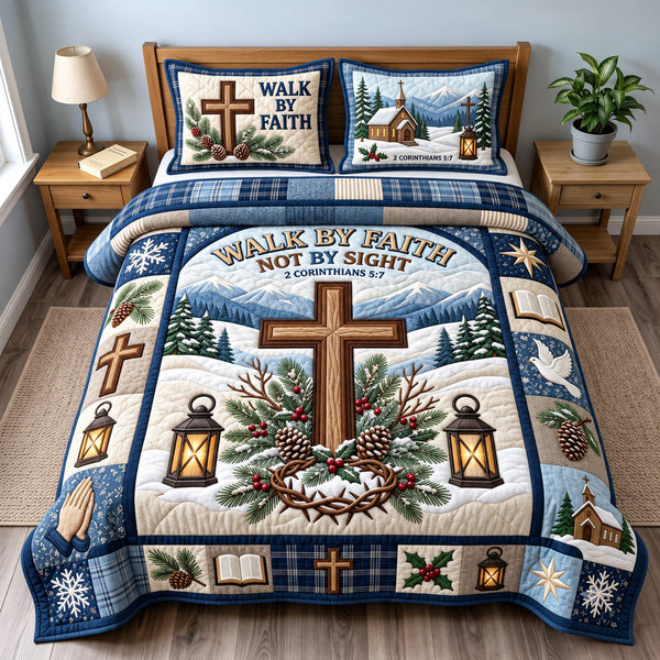 Walk By Faith Christmas quilted bedding set, quilt and two pillow shams on a made bed