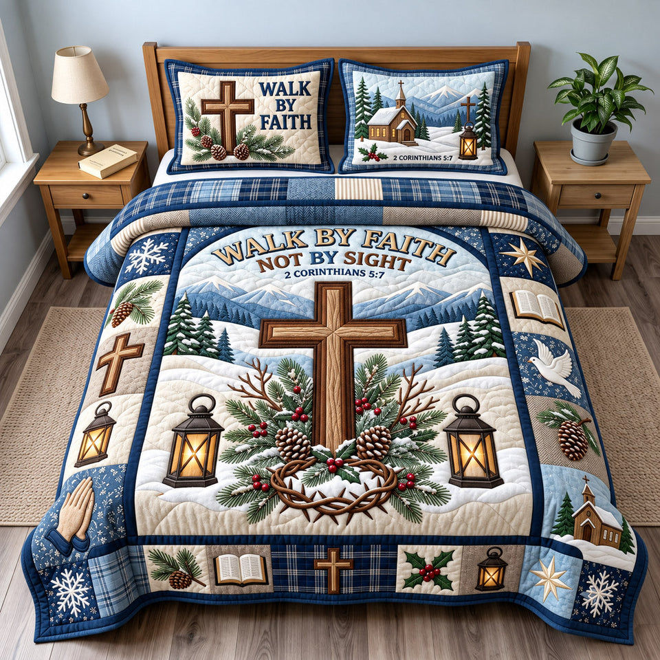 Walk By Faith Christmas quilted bedding set, quilt and two pillow shams on a made bed