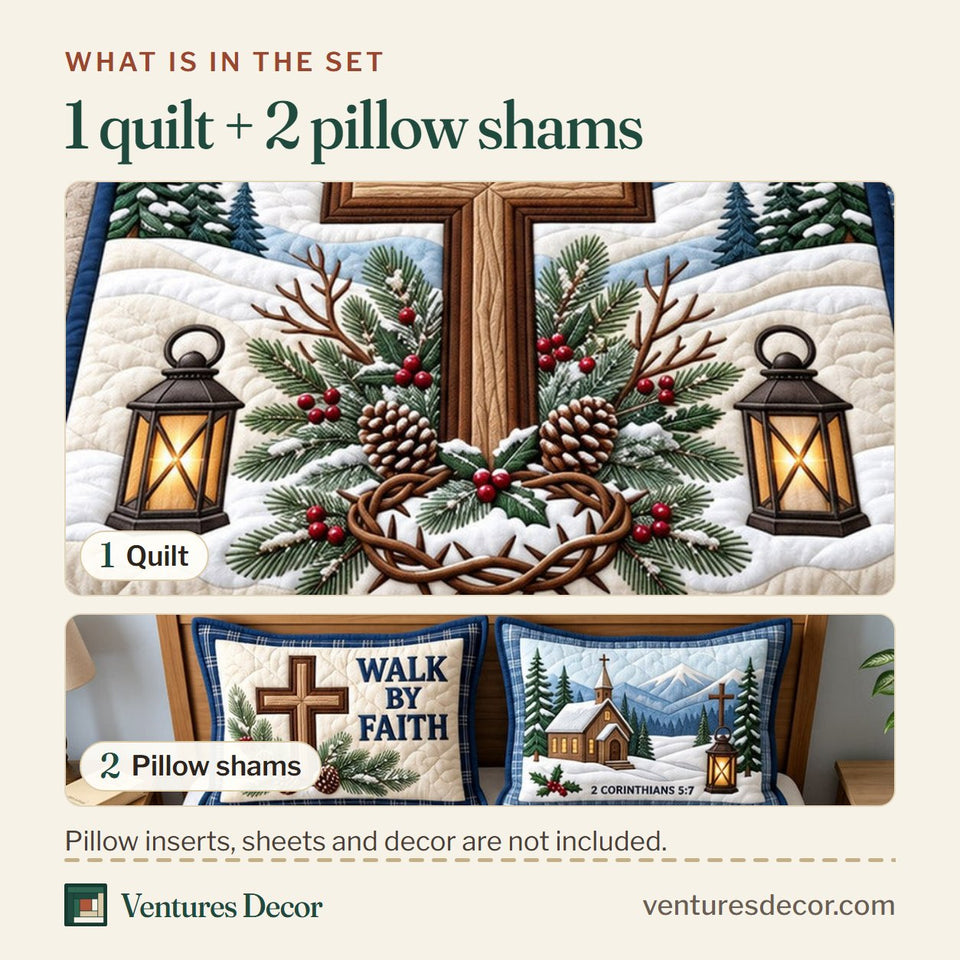What is in the set: one quilt and two pillow shams, shown in the Walk By Faith Christmas Quilt Set, 3-Piece Quilted Bedding with 2 Pillow Shams design