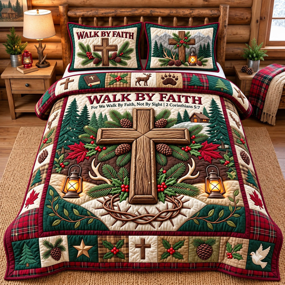 Walk By Faith Holiday quilted bedding set, quilt and two pillow shams on a made bed
