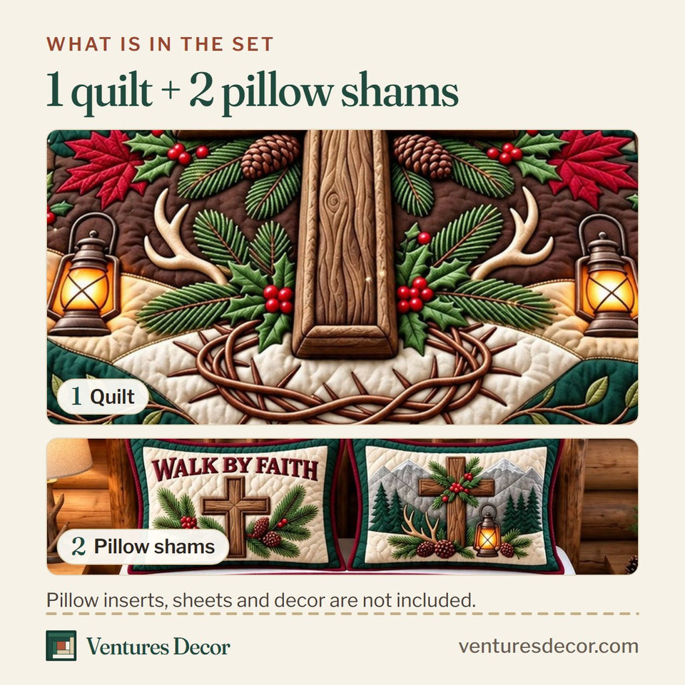 What is in the set: one quilt and two pillow shams, shown in the Walk By Faith Holiday Quilt Set, 3-Piece Quilted Bedding with 2 Pillow Shams design