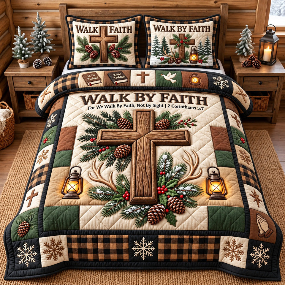 Walk By Faith in Brown quilted bedding set, quilt and two pillow shams on a made bed