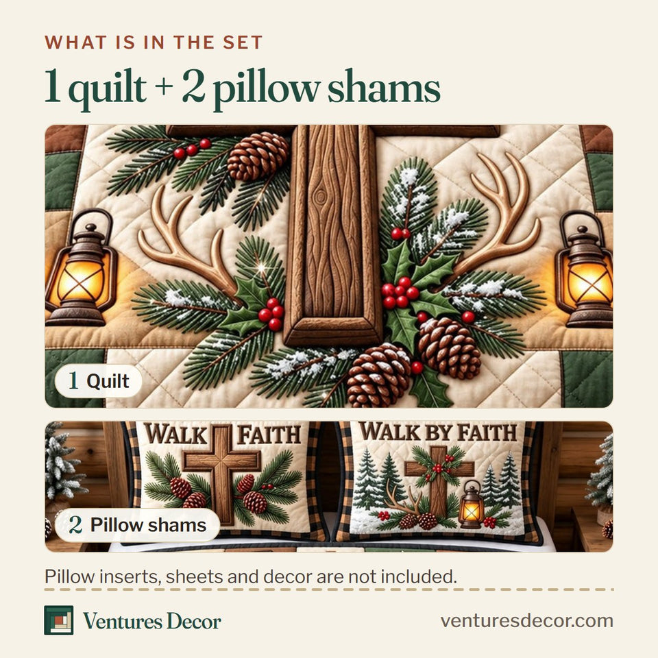 What is in the set: one quilt and two pillow shams, shown in the Walk By Faith in Brown Quilt Set, 3-Piece Quilted Bedding with 2 Pillow Shams design