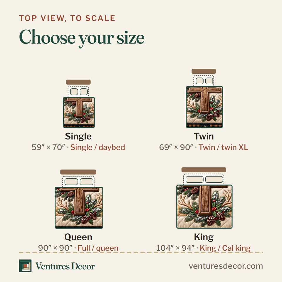 Size guide for the Walk By Faith in Brown Quilt Set, 3-Piece Quilted Bedding with 2 Pillow Shams quilt, top view to scale: Single 59 x 70 in, Twin 69 x 90 in, Queen 90 x 90 in, King 104 x 94 in