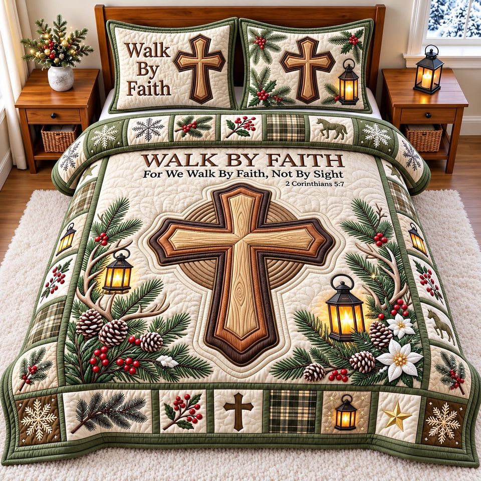 Walk By Faith in Charcoal quilted bedding set, quilt and two pillow shams on a made bed