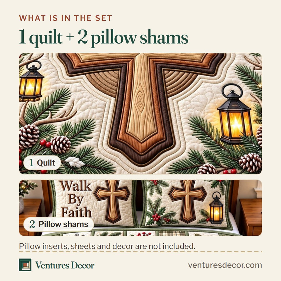 What is in the set: one quilt and two pillow shams, shown in the Walk By Faith in Charcoal Quilt Set, 3-Piece Quilted Bedding with 2 Pillow Shams design