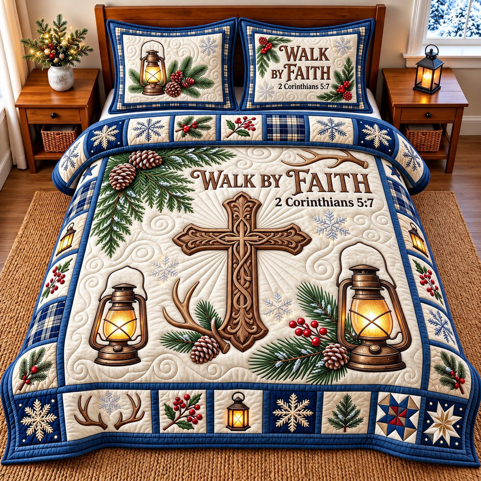 Walk By Faith Jesus quilted bedding set, quilt and two pillow shams on a made bed