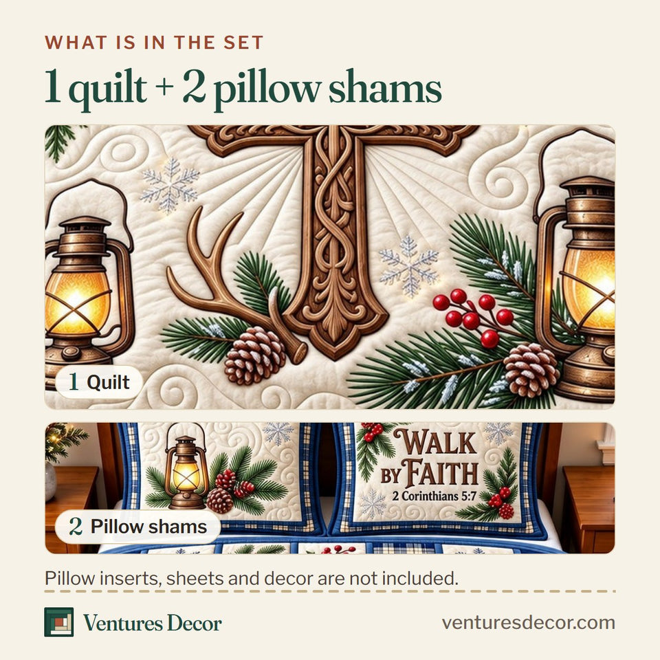 What is in the set: one quilt and two pillow shams, shown in the Walk By Faith Jesus Quilt Set, 3-Piece Quilted Bedding with 2 Pillow Shams design