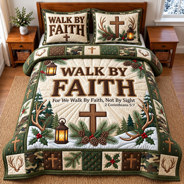 Walk By Faith Winter quilted bedding set, quilt and two pillow shams on a made bed
