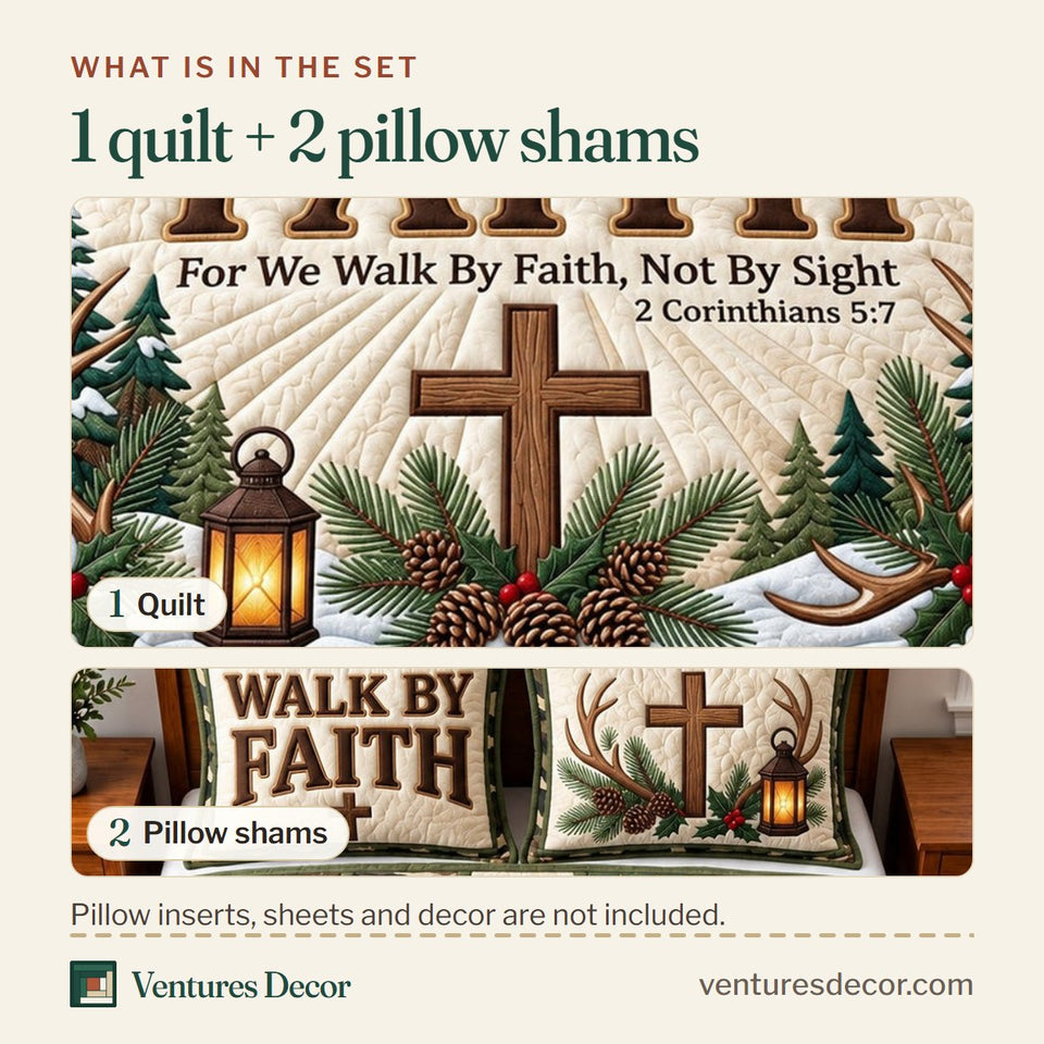 What is in the set: one quilt and two pillow shams, shown in the Walk By Faith Winter Quilt Set, 3-Piece Quilted Bedding with 2 Pillow Shams design