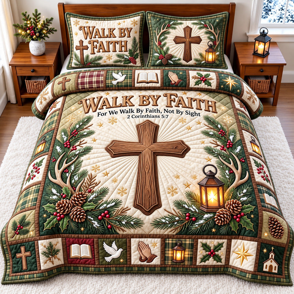 Walk By Faith Xmas quilted bedding set, quilt and two pillow shams on a made bed