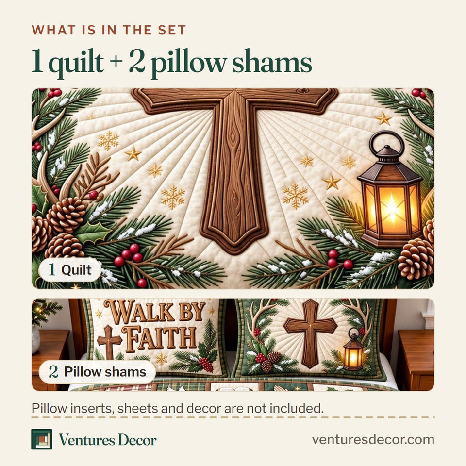 What is in the set: one quilt and two pillow shams, shown in the Walk By Faith Xmas Quilt Set, 3-Piece Quilted Bedding with 2 Pillow Shams design