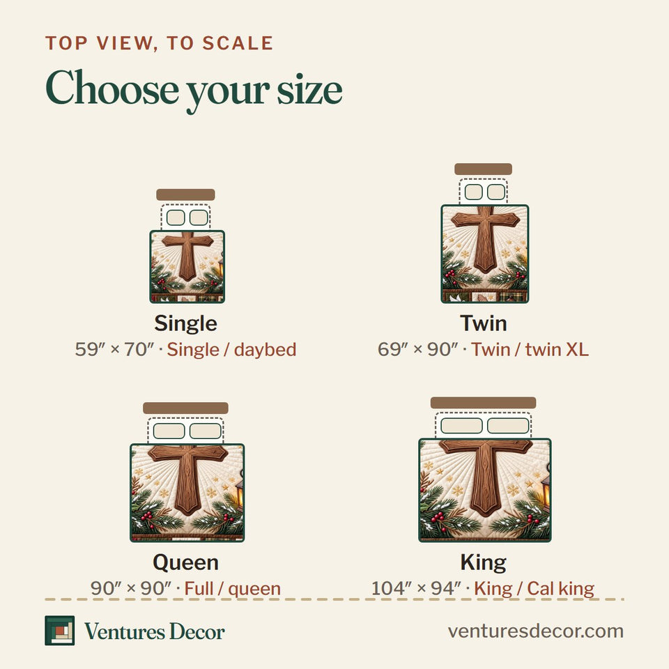 Size guide for the Walk By Faith Xmas Quilt Set, 3-Piece Quilted Bedding with 2 Pillow Shams quilt, top view to scale: Single 59 x 70 in, Twin 69 x 90 in, Queen 90 x 90 in, King 104 x 94 in