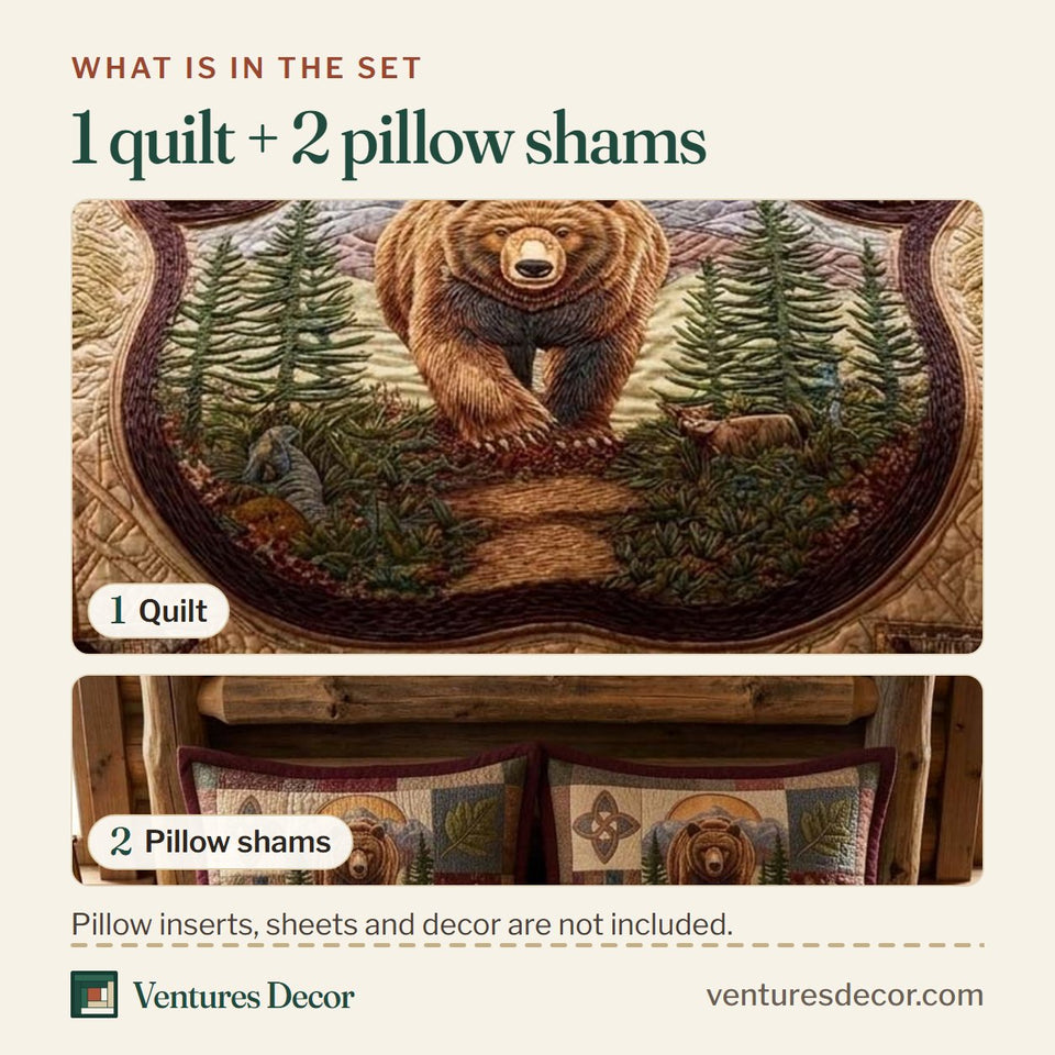 What is in the set: one quilt and two pillow shams, shown in the Walking Bear design