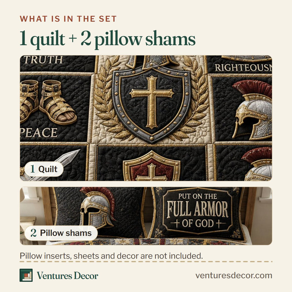 What is in the set: one quilt and two pillow shams, shown in the Warrior Faith Panels design