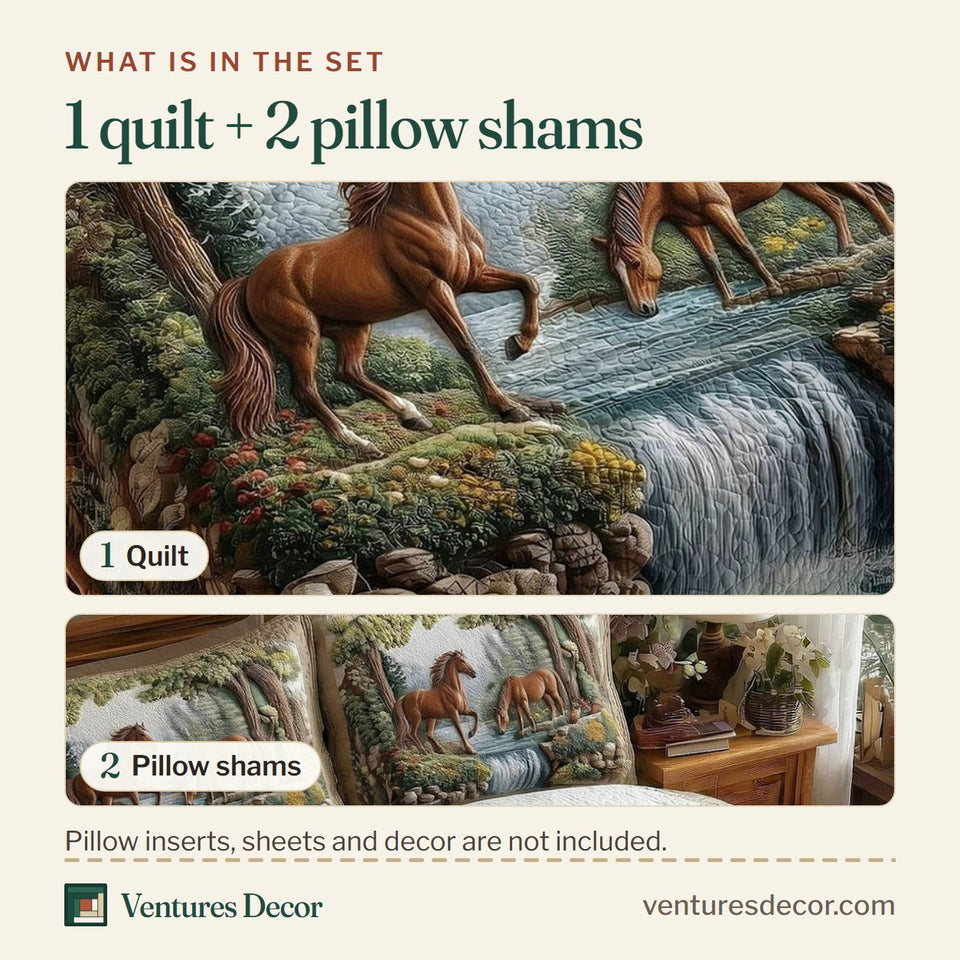 What is in the set: one quilt and two pillow shams, shown in the Waterfall Horse Rendezvous design