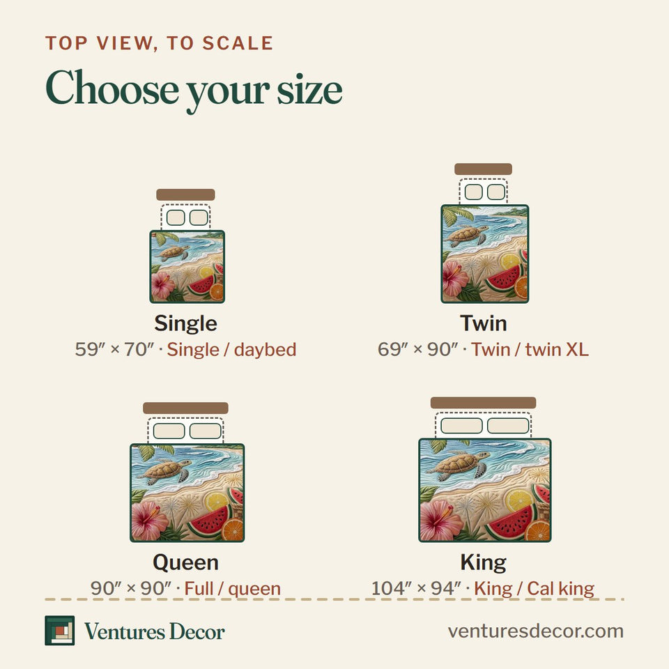 Size guide for the Watermelon Bliss quilt, top view to scale: Single 59 x 70 in, Twin 69 x 90 in, Queen 90 x 90 in, King 104 x 94 in