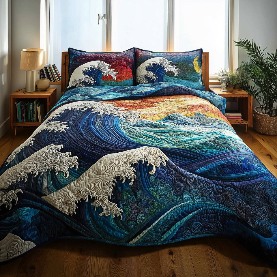 Wave Sunset Swell in Many Colors quilted bedding set, quilt and two pillow shams on a made bed