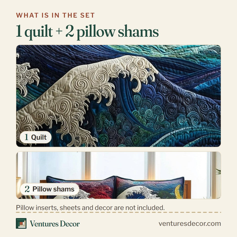 What is in the set: one quilt and two pillow shams, shown in the Wave Sunset Swell in Many Colors design