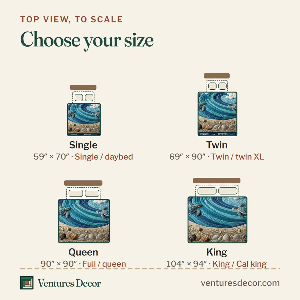 Size guide for the Wave Turtle quilt, top view to scale: Single 59 x 70 in, Twin 69 x 90 in, Queen 90 x 90 in, King 104 x 94 in