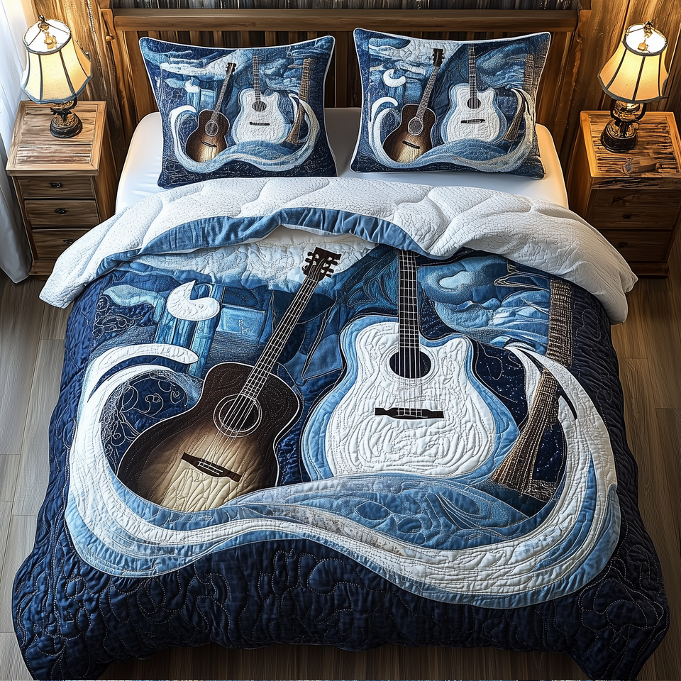 Waves Of Guitar Acoustic and Electric Swirl quilted bedding set, quilt and two pillow shams on a made bed