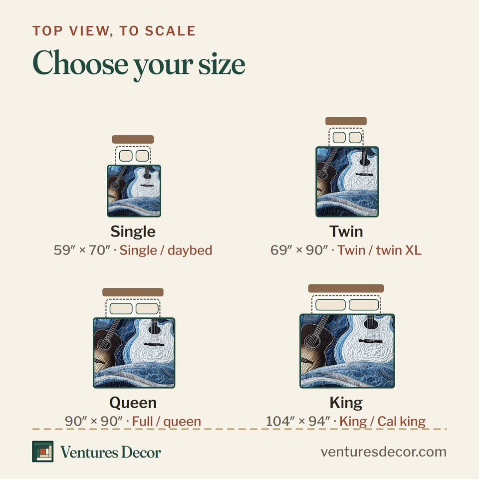 Size guide for the Waves Of Guitar Acoustic and Electric Swirl quilt, top view to scale: Single 59 x 70 in, Twin 69 x 90 in, Queen 90 x 90 in, King 104 x 94 in