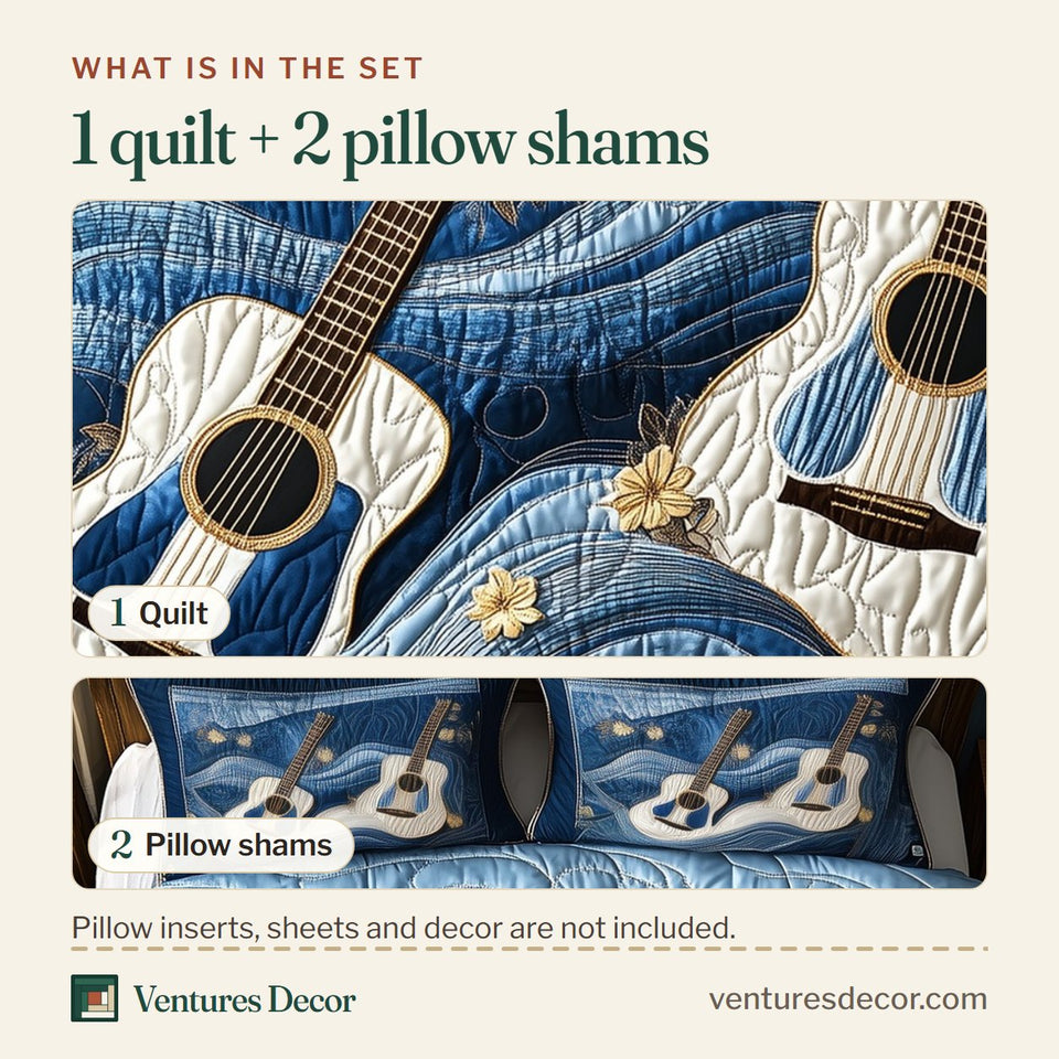 What is in the set: one quilt and two pillow shams, shown in the Waves Of Guitar Golden Stars Over Denim design