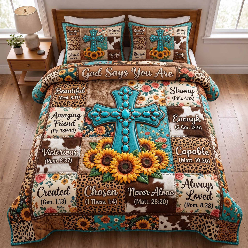Western Bible Beaded Cross And Sunflower Cluster quilted bedding set, quilt and two pillow shams on a made bed