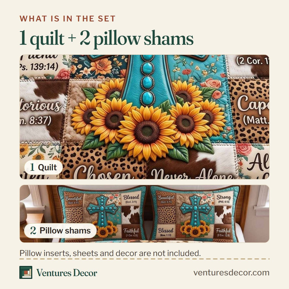 What is in the set: one quilt and two pillow shams, shown in the Western Bible Beaded Cross And Sunflower Cluster design