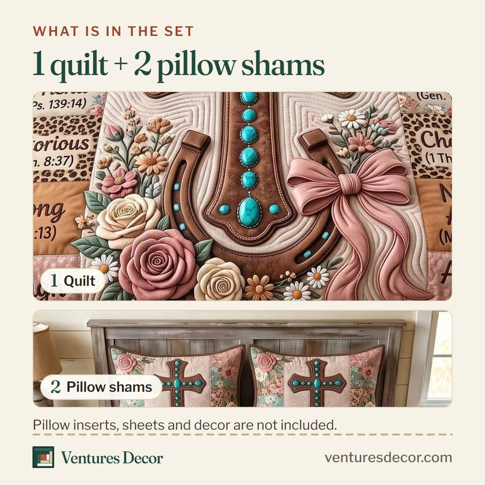 What is in the set: one quilt and two pillow shams, shown in the Western Bible Blush Horseshoe And Bow design