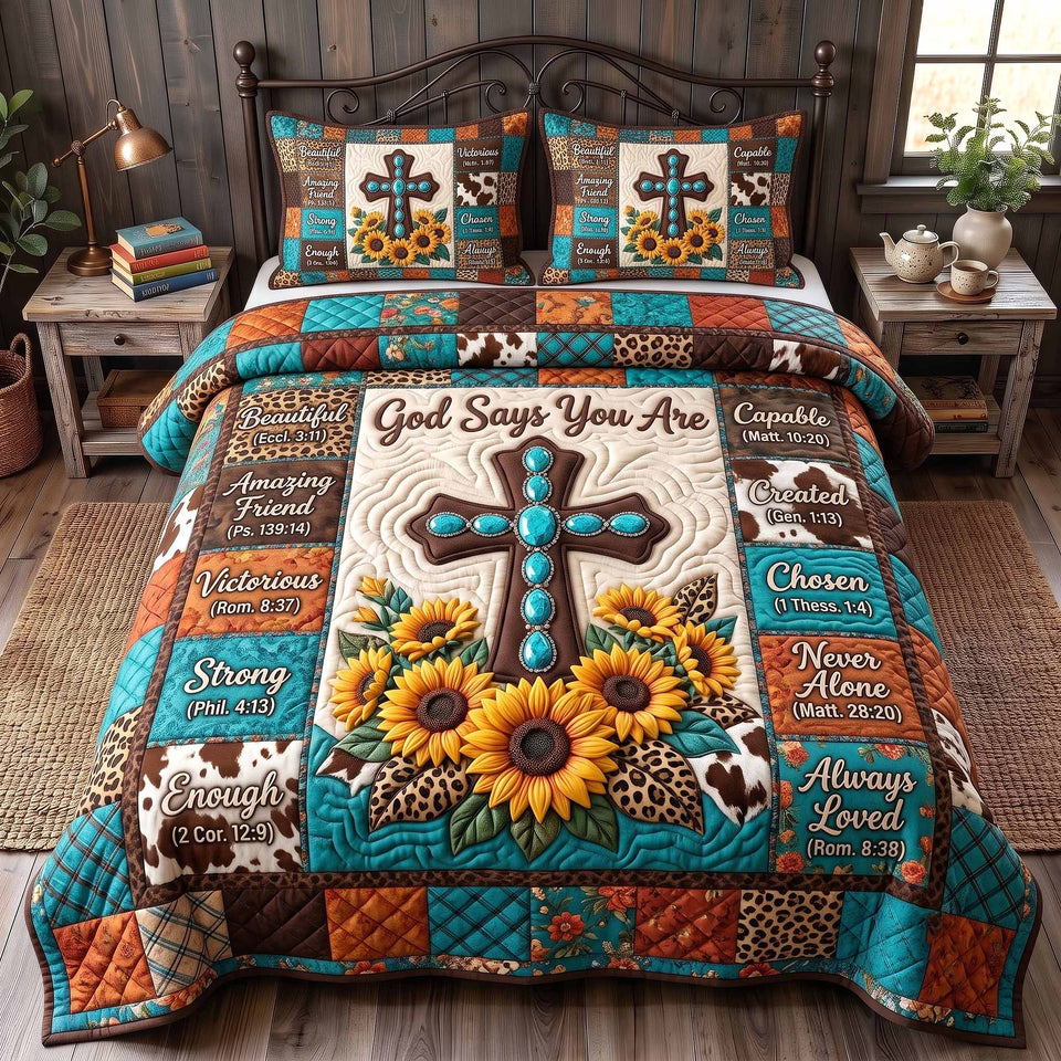 Western Bible Rust And Turquoise Sunflower quilted bedding set, quilt and two pillow shams on a made bed