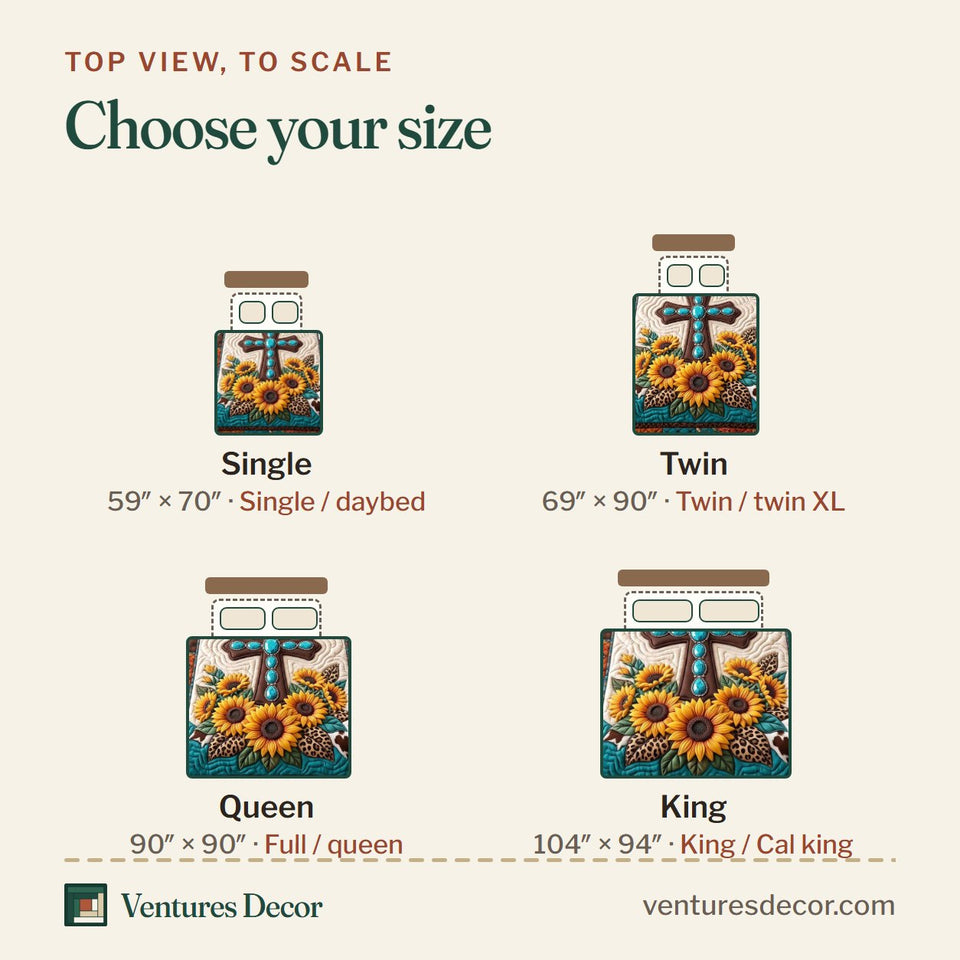 Size guide for the Western Bible Rust And Turquoise Sunflower quilt, top view to scale: Single 59 x 70 in, Twin 69 x 90 in, Queen 90 x 90 in, King 104 x 94 in