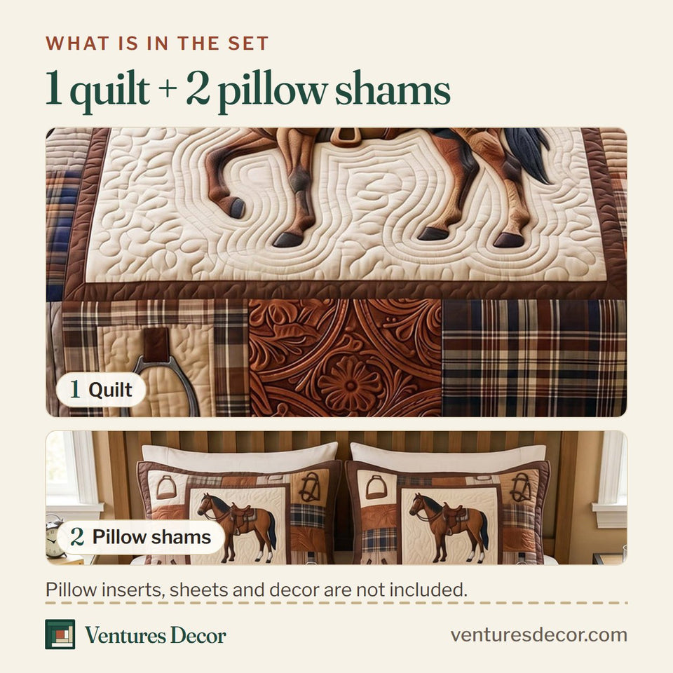 What is in the set: one quilt and two pillow shams, shown in the Western Caramel design