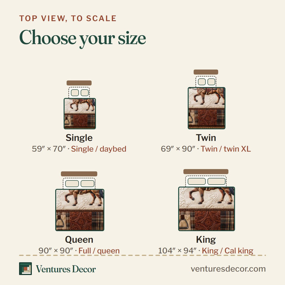 Size guide for the Western Caramel quilt, top view to scale: Single 59 x 70 in, Twin 69 x 90 in, Queen 90 x 90 in, King 104 x 94 in