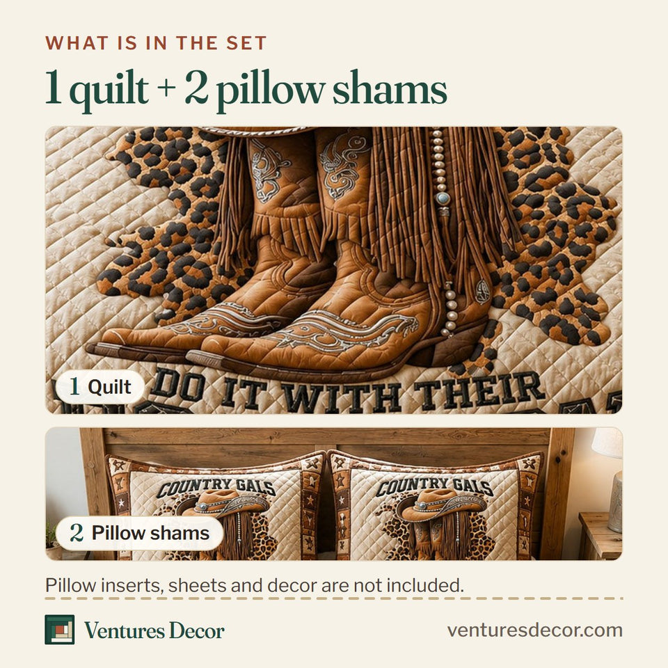 What is in the set: one quilt and two pillow shams, shown in the Western Country Gals design