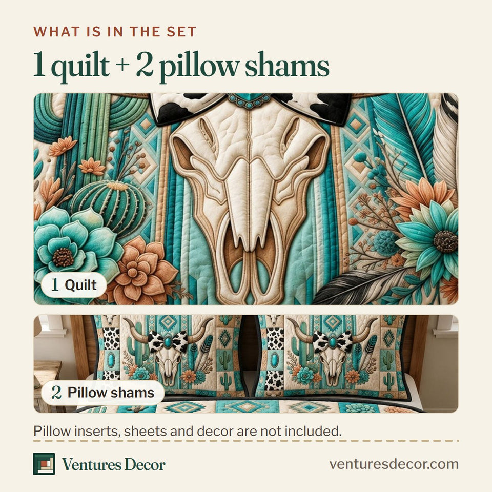 What is in the set: one quilt and two pillow shams, shown in the Western Cow Bow design