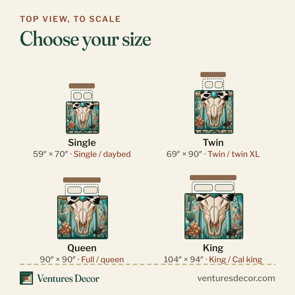 Size guide for the Western Cow Bow quilt, top view to scale: Single 59 x 70 in, Twin 69 x 90 in, Queen 90 x 90 in, King 104 x 94 in