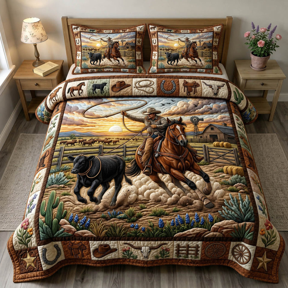 Western Cowboy Chasing The Black Calf quilted bedding set, quilt and two pillow shams on a made bed