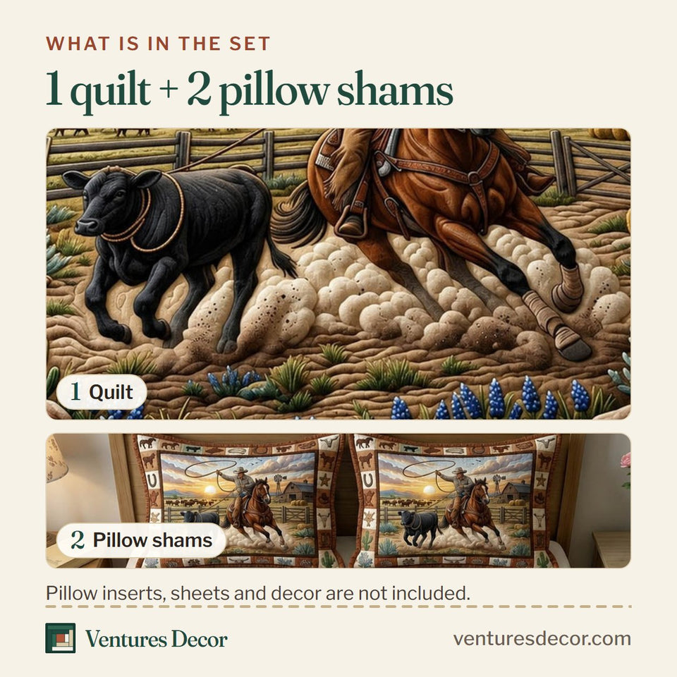 What is in the set: one quilt and two pillow shams, shown in the Western Cowboy Chasing The Black Calf design