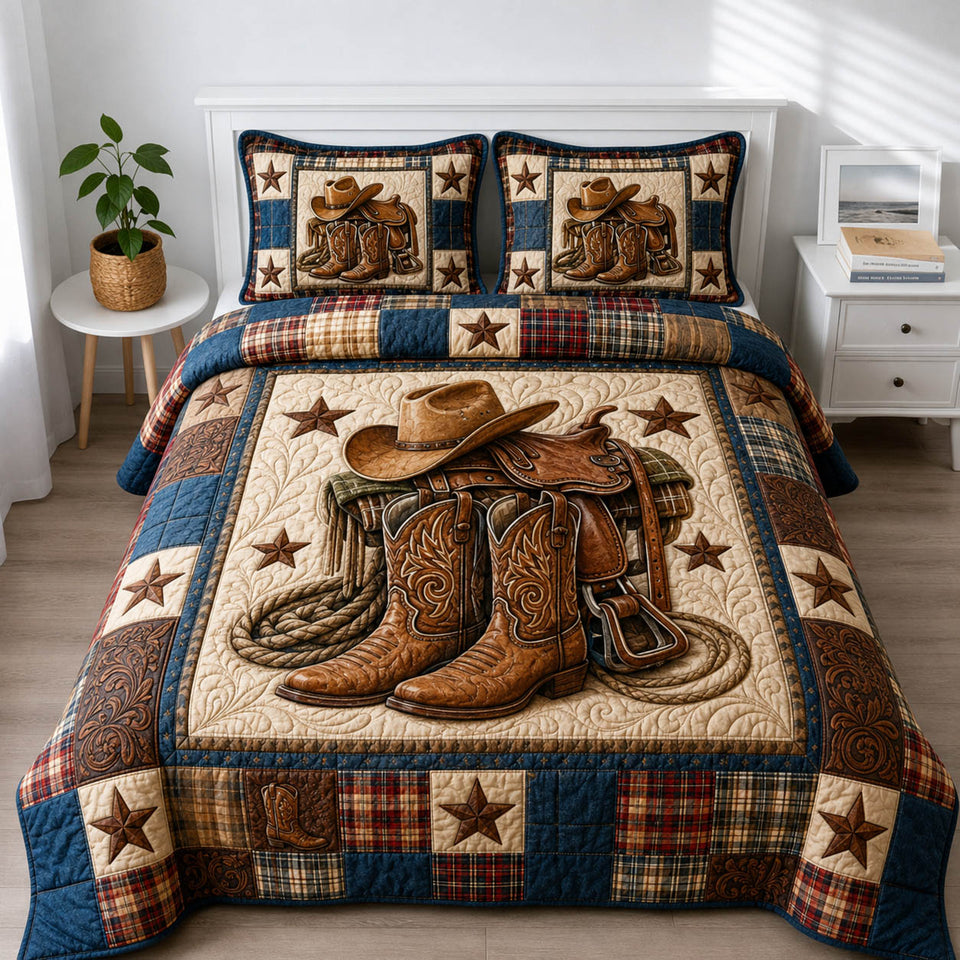 Western Cowboy Hat Boots And Saddle quilted bedding set, quilt and two pillow shams on a made bed