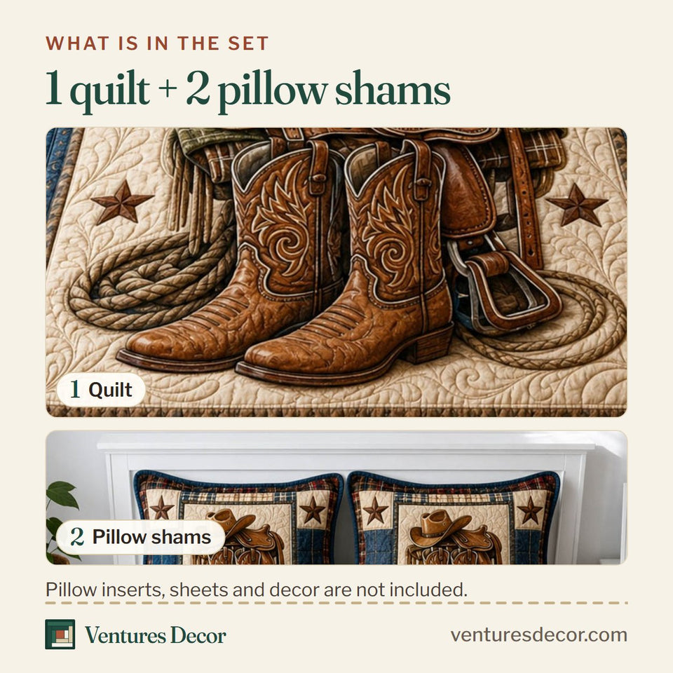 What is in the set: one quilt and two pillow shams, shown in the Western Cowboy Hat Boots And Saddle design
