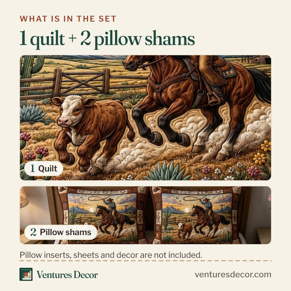 What is in the set: one quilt and two pillow shams, shown in the Western Cowboy Roping The Calf design