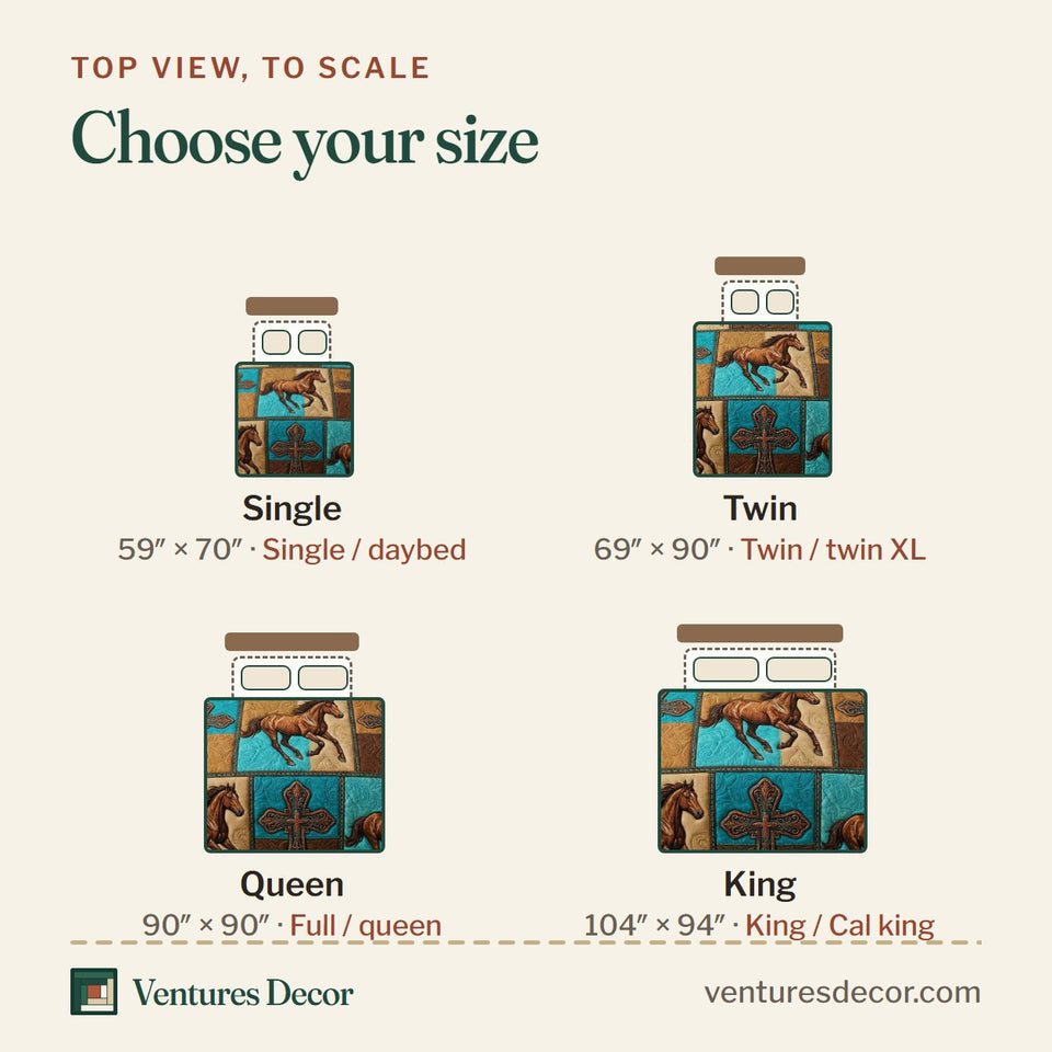 Size guide for the Western Cross quilt, top view to scale: Single 59 x 70 in, Twin 69 x 90 in, Queen 90 x 90 in, King 104 x 94 in
