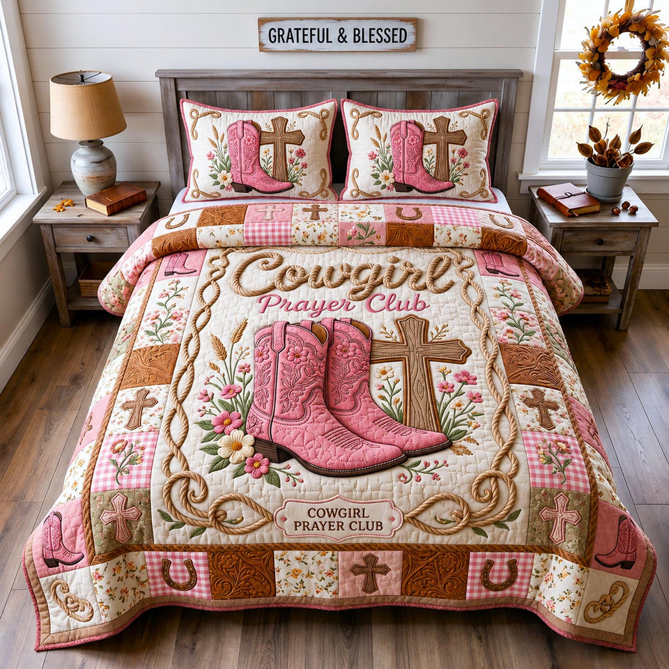 Western Faith Pink Cowgirl Prayer Boots quilted bedding set, quilt and two pillow shams on a made bed