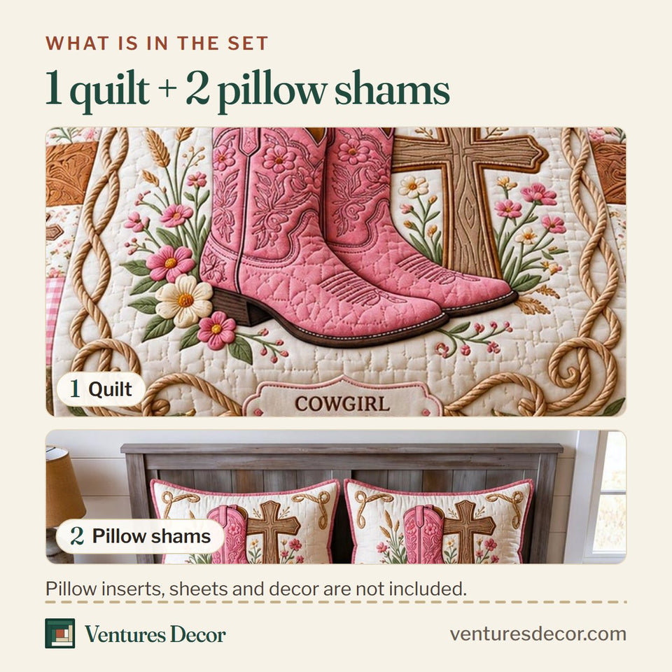 What is in the set: one quilt and two pillow shams, shown in the Western Faith Pink Cowgirl Prayer Boots design