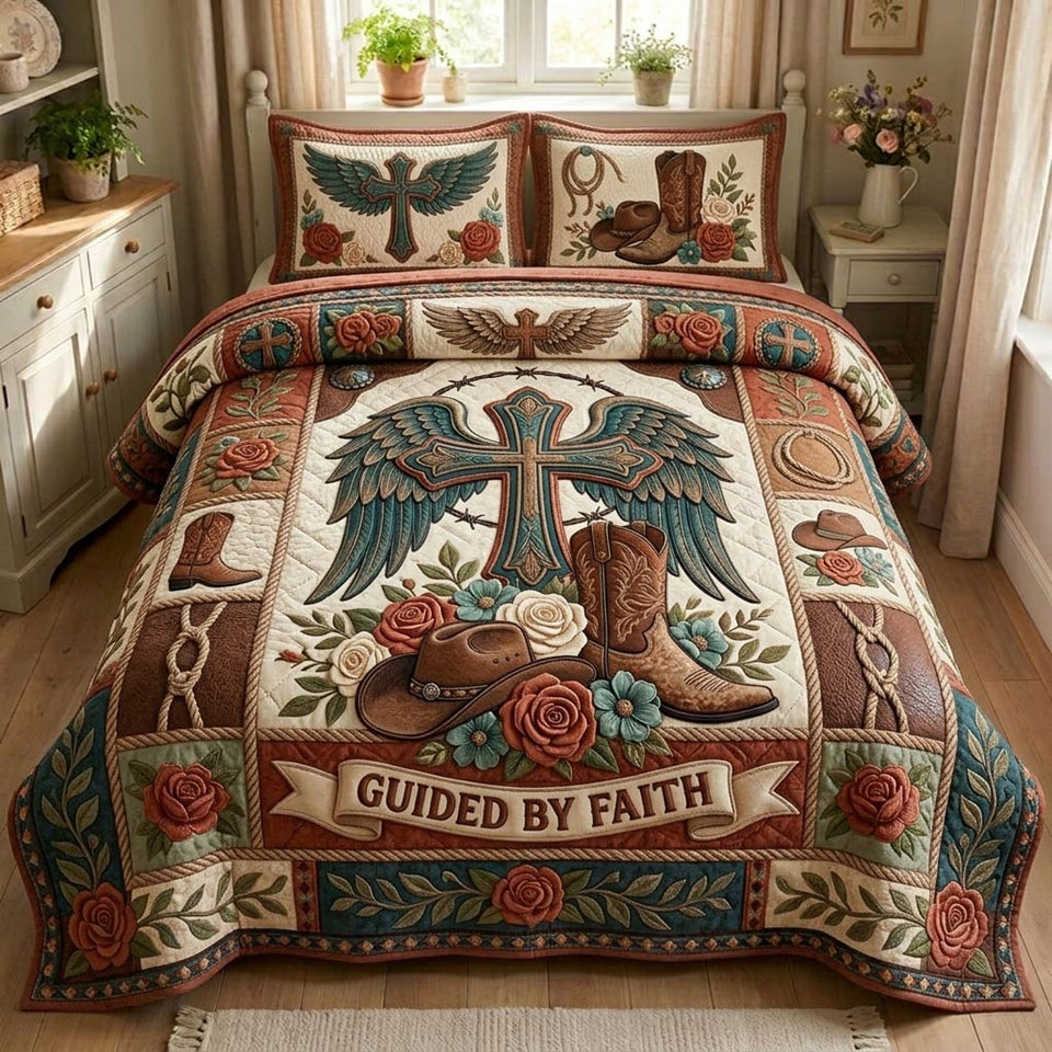 Western Faith Winged Cross Above Boots quilted bedding set, quilt and two pillow shams on a made bed