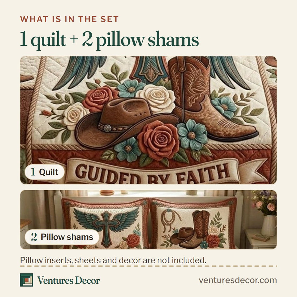 What is in the set: one quilt and two pillow shams, shown in the Western Faith Winged Cross Above Boots design